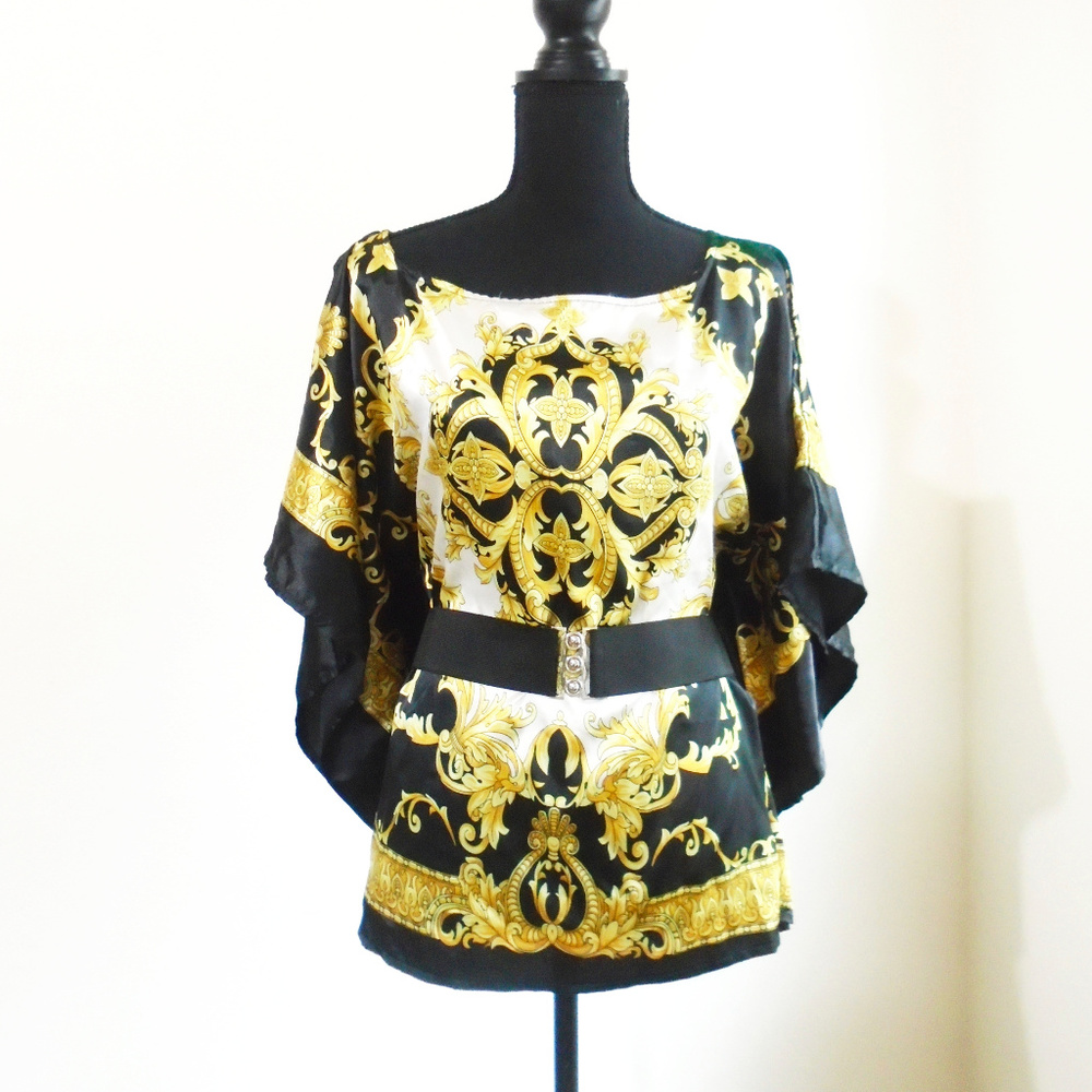 Feathers brand large printed belted sheen blouse